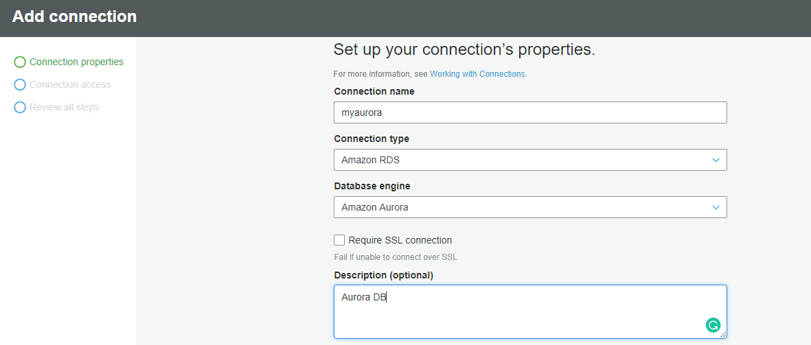 Setting up Connection Properties in AWS Glue